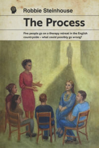 drawing of five people seated around a central standing figure. In the background a shadow looms through an open door.